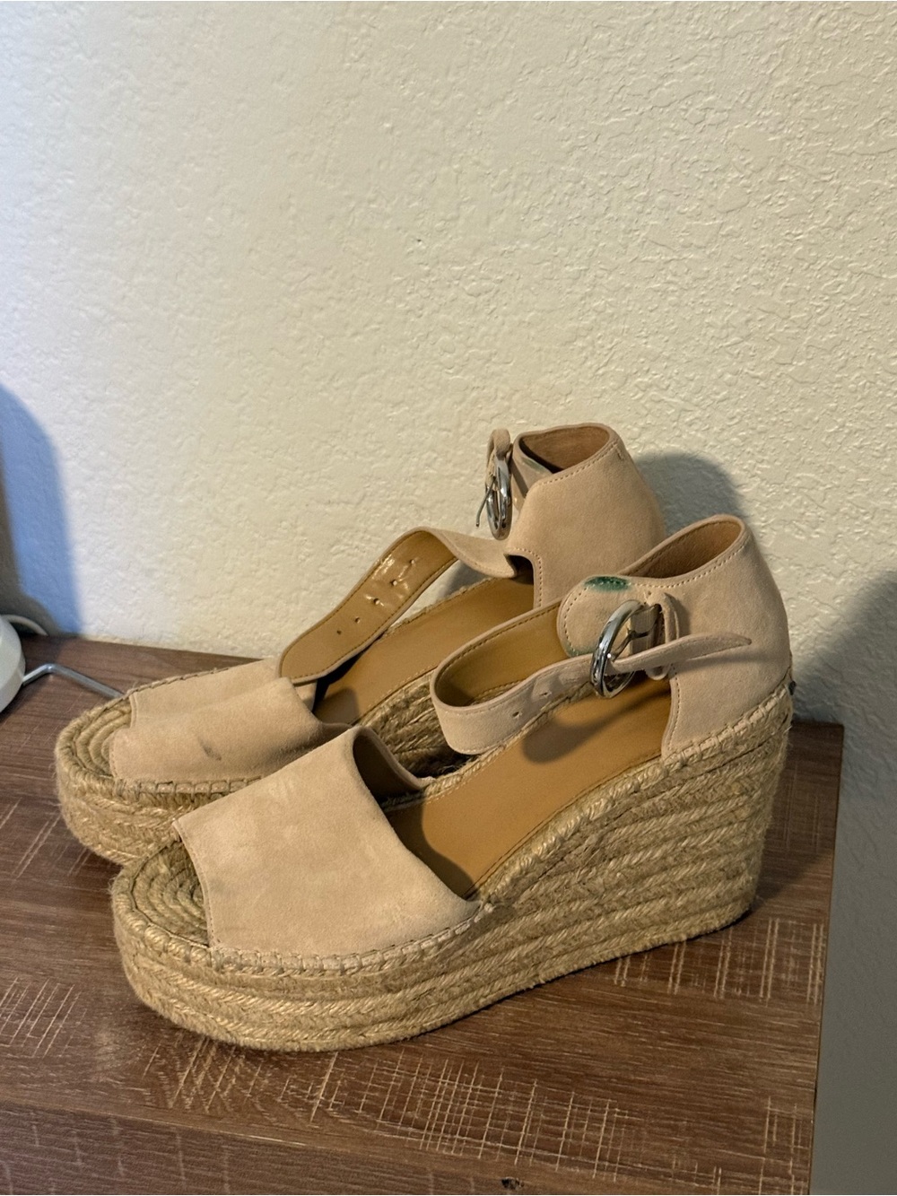 Marc Fisher Beige Espadrille Platform Wedges with Ankle Buckle
